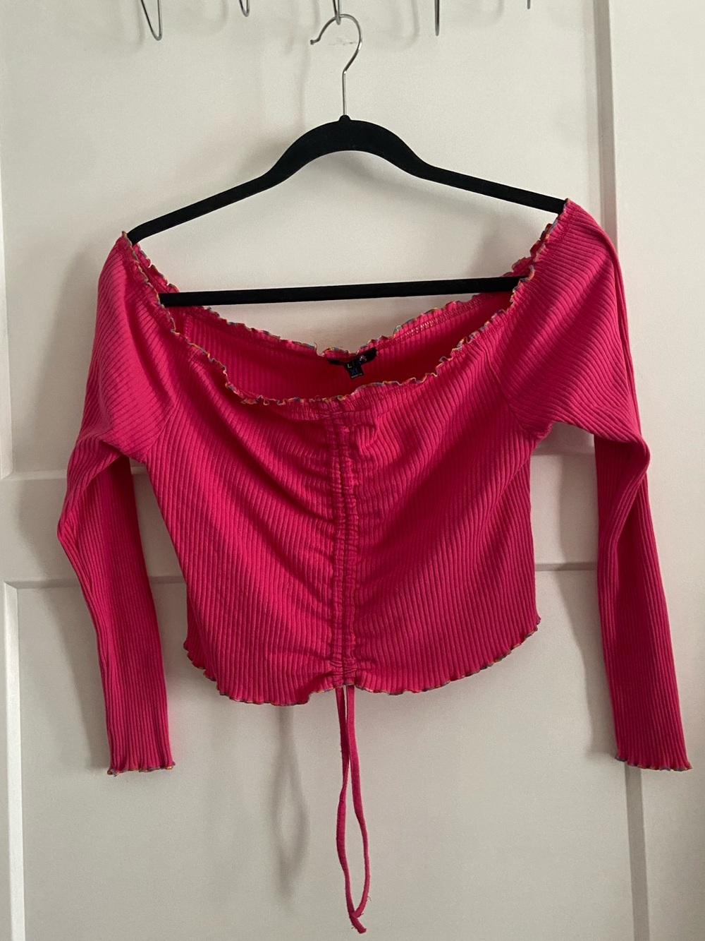 Ribbed Drawstring Off-Shoulder Crop Top - Picture 2 of 5